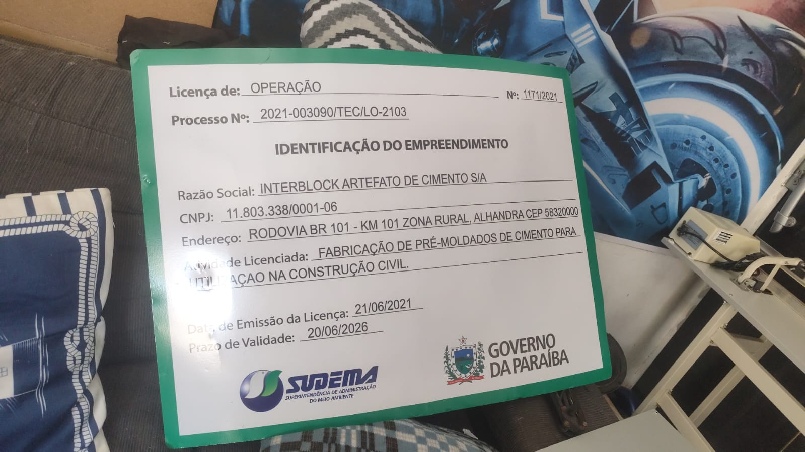 Placa de licença ambiental de operação SUDEMA